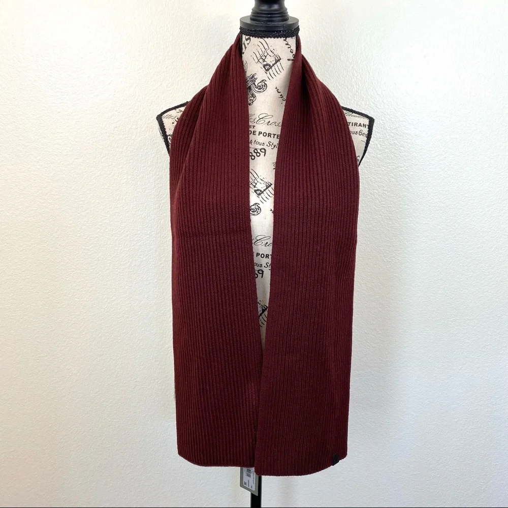All Saints Narrow Rib Scarf Maroon Merino Wool - Picture 2 of 5
